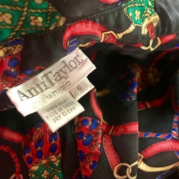 Vintage 90s Ann Taylor Silk Blouse Size 6 Black Jewel Tone Tassel Print - Picture 4 of 5